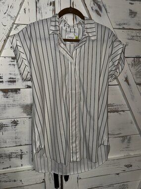 Lyssé Short Sleeve V-Neck Black White Striped Split Neck Tunic Blouse Size M